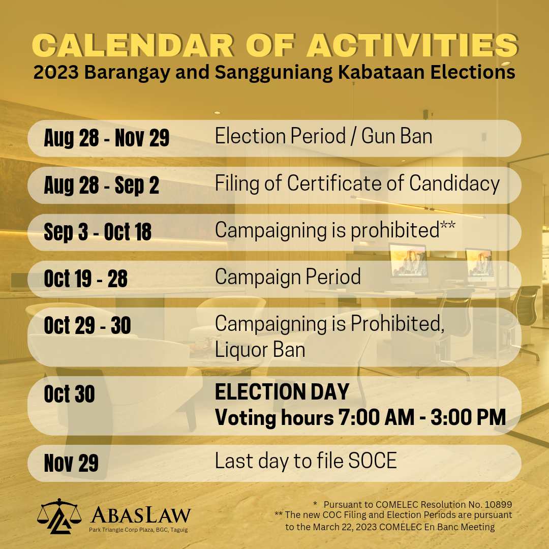 CALENDAR OF ACTIVITIES 2023 Barangay and SK Elections